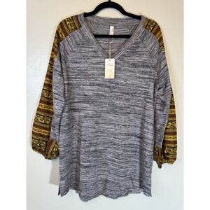 L Love Boutique Grey Marled V Neck Shirt With Boho Printed Serves Size M